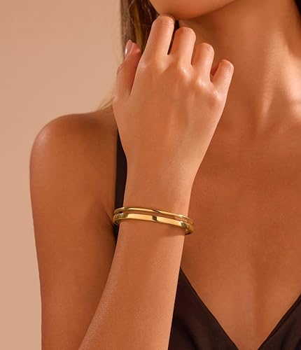 BE & CHEERY Gold Bangle Bracelet for Women, 14k Gold Plated Open Bangle, Stackable Stainless Steel Cuff Bracelets, Chunky Fashion Jewelry for Women, Trendy Elegant Design Bangle as Gifts - style: Long cut out