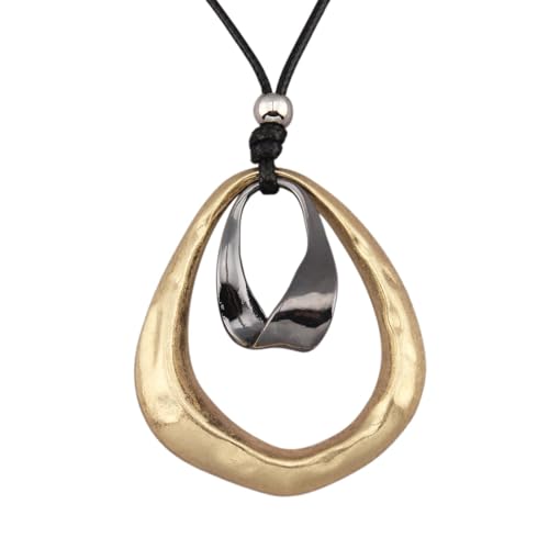 Kelake Leather Necklace for Women Men Teen Vinatge Boho Alloy Pendant Choker Jewelry Fashion Sweater Necklaces with Adjustable Genuine Leather Chain - color: Black Gold 2 Circles Pendant