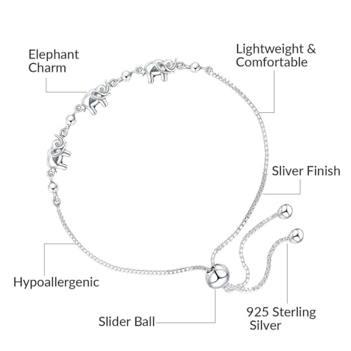 LeCalla 925 Sterling Silver Bolo Bracelet | Women's Italian Handmade Solid Adjustable Bolo Slider Bracelet | Lightweight Chain Bracelet Jewelry for Wife Girlfriend Her - color: Elephant Sliding Bolo
