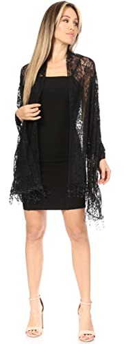 Sakkas Mari Women's Large Lightweight Soft Lace Scarf Wrap Shawl Floral and Fringe - color: Style2-black
