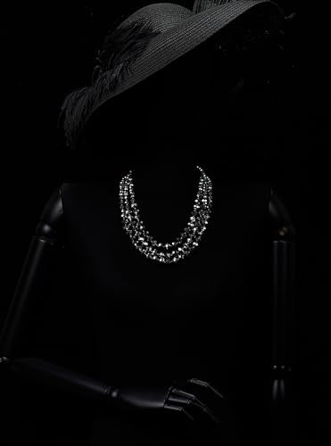 COOLSTEELANDBEYOND Crystal Beads Statement Necklace, Three-strand Layered Necklace, Waterfall - color: E-Color: Silver Grey & Gold