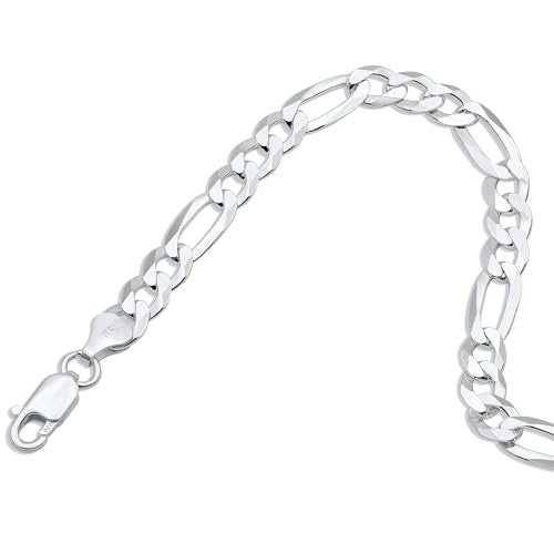 Aka Gioielli - Solid 925 Sterling Silver 7mm Diamond-Cut Figaro Link Chain - Bracelet for Men and Women - Made in Italy