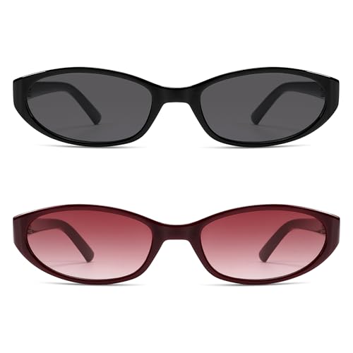 Retro Oval Sunglasses for Women Men Y2k Narrow Cat Eye Sunnies Skinny Shades AR82299 - color: B01 Black/Grey+burgundy/Red Grading