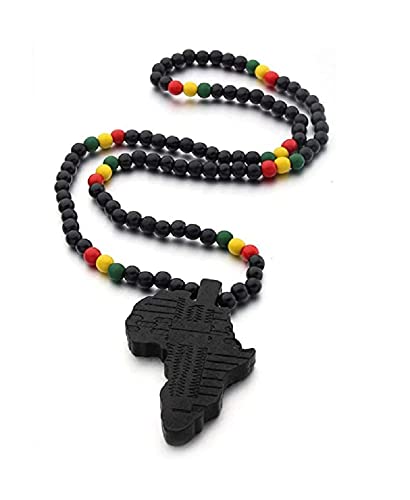 COLORFUL BLING Hip-hop Africa Map Pendant Necklace for Men African Continent Egyptian Multicolor 8MM Wooden Bead Chain Necklace Natural Wood Jewelry - style: style 1