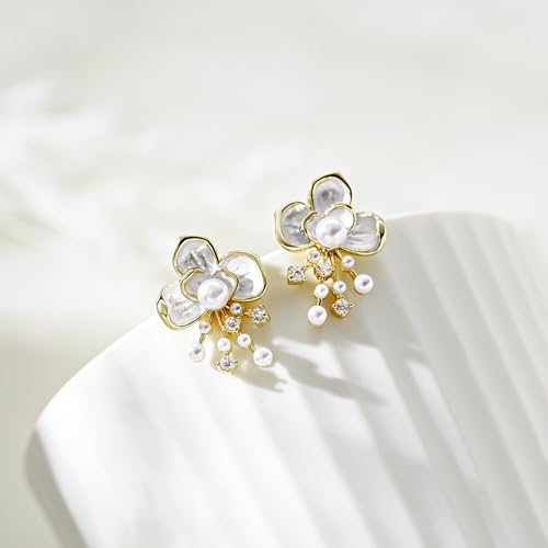 Pink Flower Earrings for Women, 925 Sterling Silver Stud Earrings, Cute Plumeria Earrings For Women, Cherry Blossom Hypoallergenic Stud - color: White Orchid Pearl