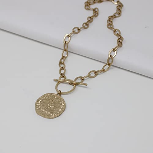 POMINA Chunky Thick Coin Necklace Trendy Fashion Statement Toggle Necklace Worn Gold Tone Pendant Thick Link Chain Layered Pearl Necklace - color: Coin_Worn Gold