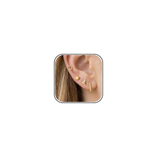 Gold Circle Earrings for Women Circle Stud Earrings Simple Tiny Triangle Square Bar Stud Earrings Trendy Jewelry Gifts - color: A7：4 pairs gold solid earrings set