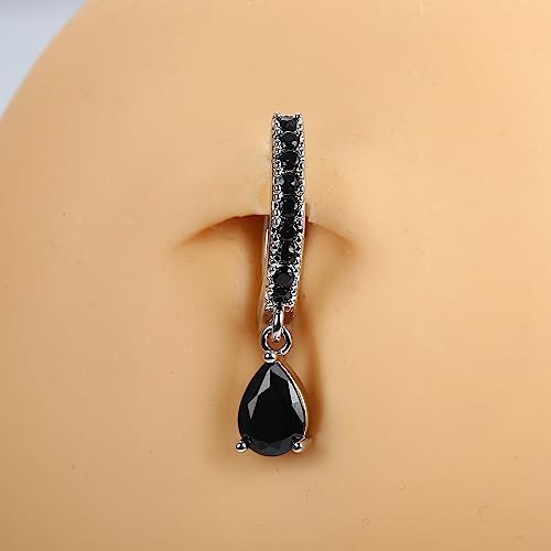 FIBO STEEL 14G Clicker Belly Rings 316L Surgical Steel Dangle Belly Button Ring CZ Teardrop Pendant Navel Rings Barbell Body Piercing Jewelry - color: Black