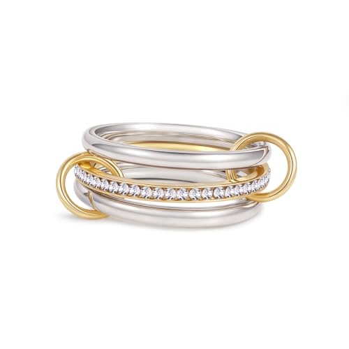 Gold/Silver Interlocked Rings For Women Dainty Stainless Steel Cubic Zirconia Stackable Statement Rings Two-toned Connected Bands Rings Non Tarnish (size 6-10) - color: R-CZ-Silver gold silver ring