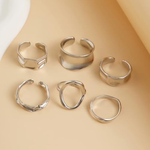 Chunky Rings for Women Adjustable Thick Rings Set Trendy Statement Stackable Ring for Women Chunky Jewlery Irregular Dome Flower Finger Knkuckle Thumb Ring - style: Style 3 - 6pcs s
