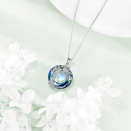 POPLYKE Mothers Day Gifts for Mom Her Wife Tree of Life Necklace 925 Sterling Silver Birthstone Pendant with Crystal Anniversary Birthday Wedding Jewelry for Women - color: 06-Jun-Moonstone, style: White Gold Plated-Blue Crystal