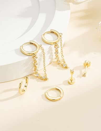 Turandoss Gold Hoop Earrings for Women, Small Hoop Chain Dangle CZ Stud Earrings, Minimalist Gold Earrings for Multiple Piercings, Lightweight Everyday Jewelry for Women