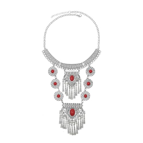 Bethynas Bohemian Ethnic Tribal Chunky Necklace Multilayer Long Tassel Turquoise Statement Neck Chain Retro Coin Gemstone Exaggerated Costume Accessories for Women - color: C-Red