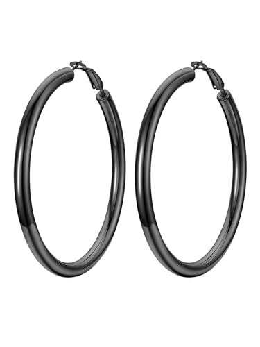 Stainless Steel Chunky Hoop Earrings For Women, Minimalist and Chic, Black/Gold Plated, Round Hoops Earrings Hypoallergenic, Size: 30mm/40mm/60mm/80mm, Come with Box - color: 1. Black, size: 70MM