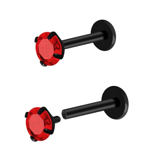 16G 18G Titanium Internal Thread CZ Stud Earrings Flat Back, Silver Black Tragus Helix Conch Cartilage Piercing Jewelry for Women Men 6mm 8mm 10mm Labret Studs 2PCS - color: Black, 16g, 7mm bar, 5mm Red CZ