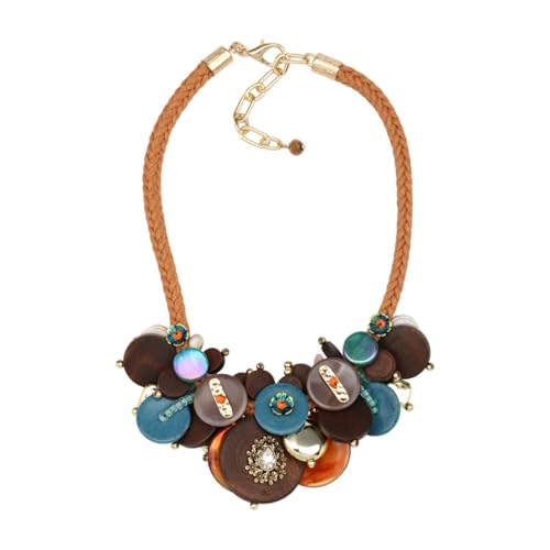 Chunky Statement Wood Pendant Necklace for Women Rope Braided Colorful Resin Stone Tribal Ethnic Bold Boho Fashion Jewelry - color: N1540-colorful