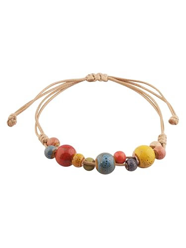 MINACHI Bohemian Colorful Ceramic Bead Adjustable Leather Bracelet, Boho Hippie Summer Jewelry Gift for Women - color: S04