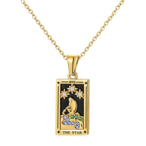 Gold Tarot Card Necklace for Women Men, Non Tarnish 18K Gold Plated Vintage Lucky Charm Square Pendant Talisman Amulet Necklaces Unisex Jewelry - style: The Star