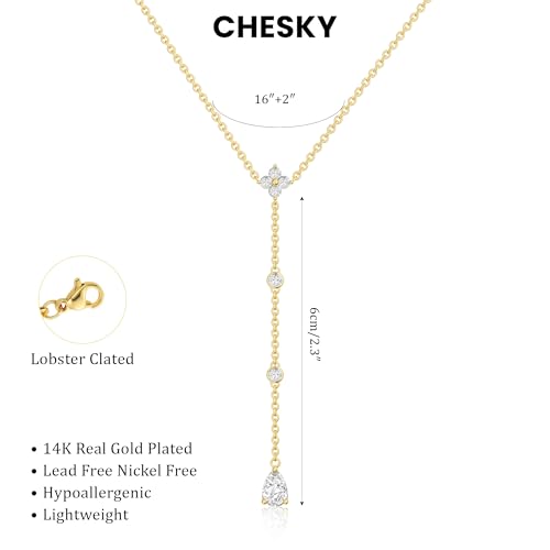 CHESKY Long Necklaces for Women, 14k Gold Plated/Streling Silver Lariat Necklace Dainty Statement Prom Necklace Rosary Cross Sun Drop Pendant Dangle Necklace Gold Prom Jewelry for Women Gifts - style: y necklace 10