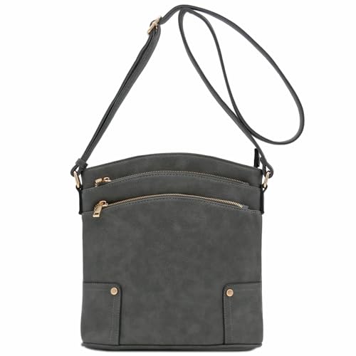 ALYSSA Triple Zip Pocket Large Crossbody Bag - color: Dark Gray