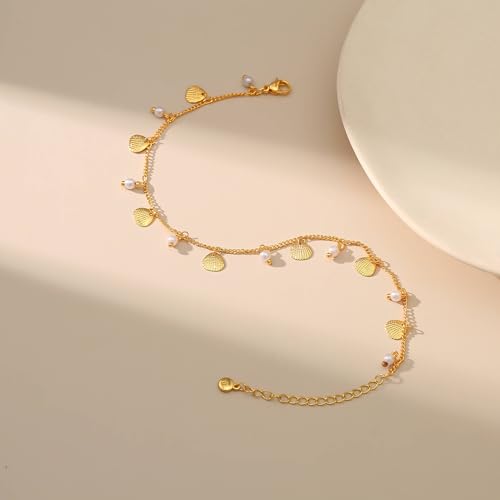 Yumikoo 18k Gold Plated Anklet Ankle Bracelets for Women - style: Gold Shells and Pearls