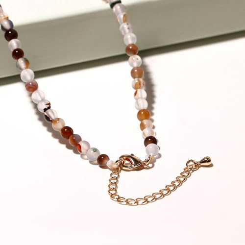 Simple Choker Necklace for Women Real Stone and Crystals Necklaces 4mm Beaded Choker Jewelry Meditation Gift for Women (16"+2") - style: Black Flower Agate