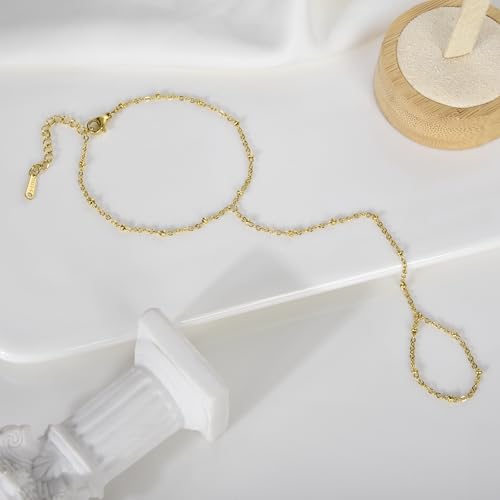 Hand Chain Bracelet Stainless Steel Finger Ring Bracelet Adjustable Gold Plated Hand Chain CZ Stackable Boho Minimalist Jewelry for Women - color: Gold Hand Chain Bracelet AN138G