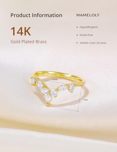 Mameloly Wedding Bands for Women Curved Marquise & Round 14K Gold Plated Dainty Stackable Cubic Zirconia CZ V Shaped Engagement Rings for Her Size 3-12 - color: 14K Gold Plated