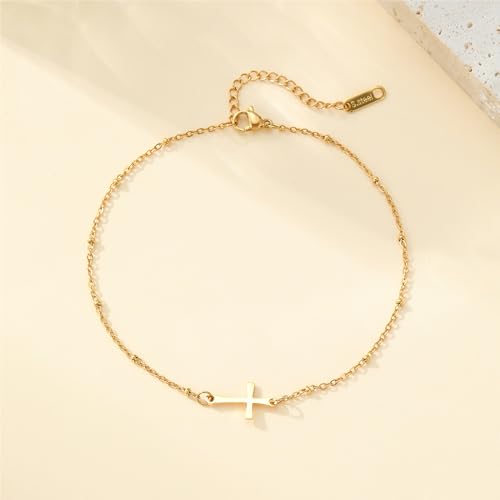 Cross Anklets for Women, 18K Gold Plated Dainty Ankle Bracelets with Colorful Beads Pearl Anklet, Adjustable Religious Christian Satellite Cross Chain, Waterproof Boho Summer Beach Jewelry - style: Satellite Cross-Gold