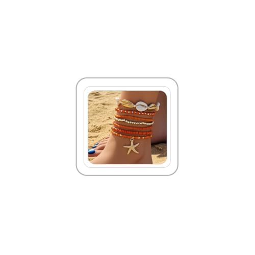 Mermaid Starfish Anklet Bracelets for Women Bohemian Beaded Anklet Adjustable Rice Bead Anklets Bracelet Handmade Woven Hawaiian Beach Seashell Pearls Waterproof Anklets Summer Beach Mermaid Jewelry - color: Orange