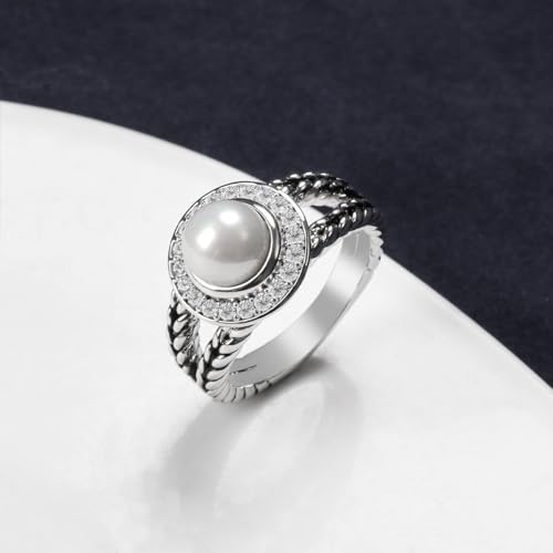 Designer Inspired Twisted Cable Statement Rings for Women Fashion Jewelry 8 MM CZ Split Shank Cable Ring Gift - color: White Pearl