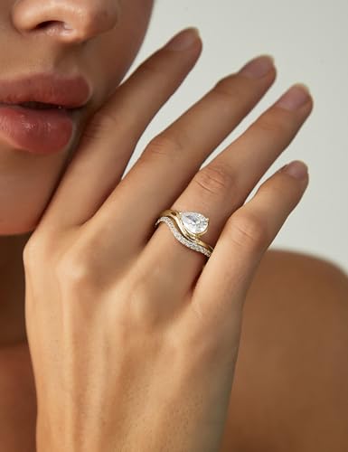 EAMTI 1.5CT Bridal Ring Sets Pear Cut CZ Promise Engagement Rings Curved Wedding Bands for Women Travel Ring Size 4-10 - color: Gold
