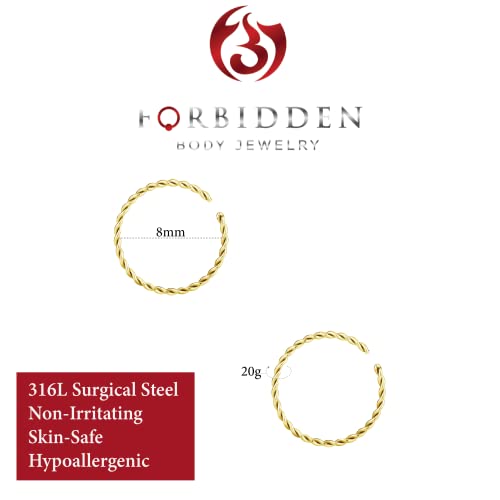 Forbidden Body Jewelry Nose Rings Set Surgical Steel Braided Hoops for Pierced and Fake Nose and Cartilage Piercings 14G-20G - style: 20g 8mm Gold Tone (2Pcs)