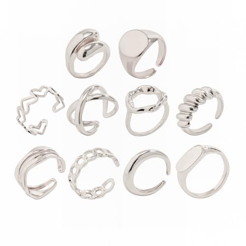 Chunky Rings for Women Adjustable Thick Rings Set Trendy Statement Stackable Ring for Women Chunky Jewlery Irregular Dome Flower Finger Knkuckle Thumb Ring - style: Style 5 - 10pcs s