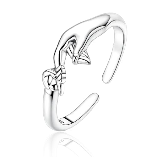 PARCOM Adjustable Women Stackable Ring, 925 Sterling Silver Open Rings - Trendy Eternity Cubic Zirconia Stackable Band Engagement Promise Ring for Her, Hypoallergenic Non Tarnish Nature Bird Floral Thumb Rings - color: Hand-in-Hand