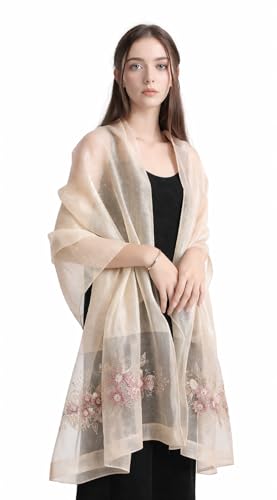 Jeelow Silk Blend Floral Fashion Scarf Shawl Wrap Lightweight Sheer For Women Floral Embroidery Wedding Party Prom - color: Champagne Bloom