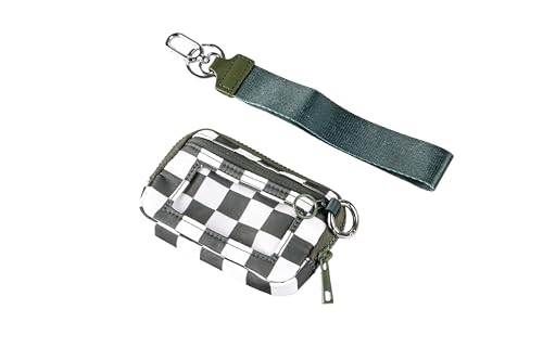 Wristlet Wallet for Women Mini Zip Card Case with Clear ID Window Zipper Coin Purse Lightweight Portable Keychain Wallet - color: Teal Gray Lattice