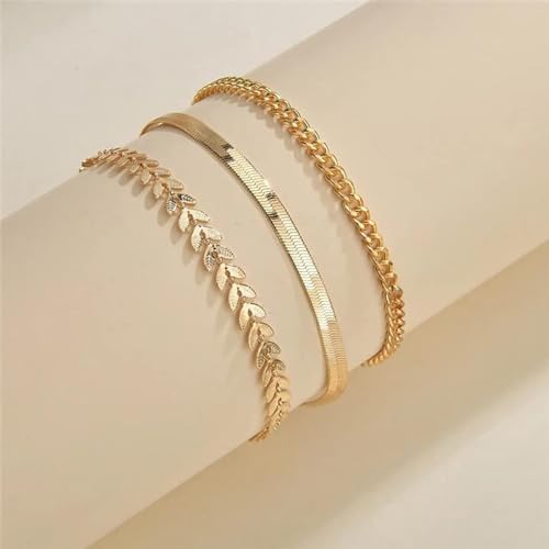 MIDEEO Gold/Silver Ankle Bracelets for Women,14K Gold Anklets for Women Waterproof Cuban Link Heart Beads Herringbone Rhinestone Anklets Set Layered Anklet Bracelets for Women Gold Jewelry Gift - style: 3Pcs Anklets C-Gold