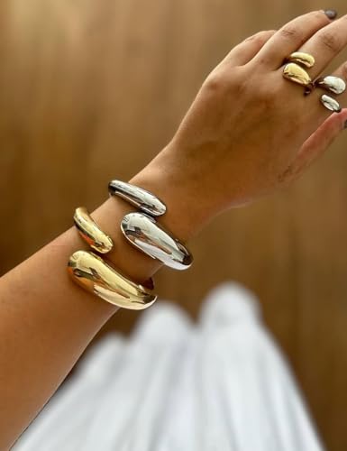 Chunky Gold Bangle Bracelets for Women, Dainty 14k Gold Plated Big Stackable Bangles Set, Trendy Statement Cuff Bracelet Stack Summer Beach Jewelry Gifts - style: 2 Gold & silver bangles