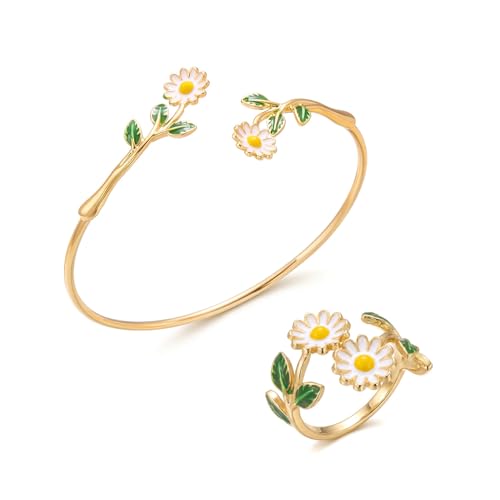 Caiyao 2Pcs Adjustable Sunflower Open Cuff Bangle Bracelets Ring Gold Tone Enamel Daisy Flower Floral Upper Arm Armband Bracelet for Women Boho Summer Inspired Floral Jewelry Gifts - style: StyleB