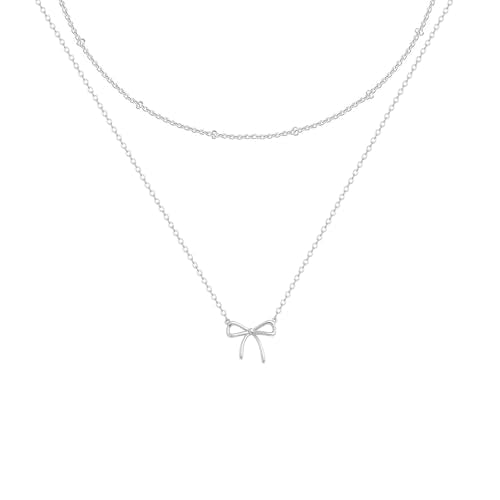 OGD Gold Necklace for Women, Bow Necklace 14K Layered Gold Necklace Dainty Bow Pendant Choker Necklace Trendy Bow Necklace Gold Chain Necklaces for Women Jewelry Gift - color: Silver Bow-2PCS