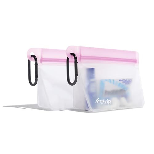 (re)zip On-the-Go Stand Up 1-Cup Clip-On Bags with 2 Carabiners, 2-Pack Pink - Reusable Bags | Travel-Ready, Leakproof, Airtight Seal, Water-Resistant, Food Grade & BPA Free - color: Pink