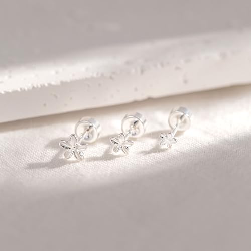 3 Pair Tiny Flat Back Earrings for Women - 14K Gold/White Gold Plated Dainty Cute Small Screw Flatback Stud Earring, Everyday Wear Gift - color: Flower Flat-4/5/6mm Silver