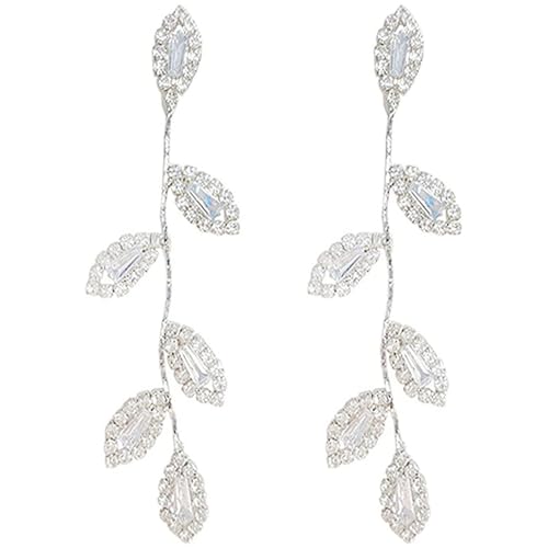 Dangling Earrings for Women Bridal Earrings for Wedding Rhinestone Wedding Prom Anniversary Delicate Leaf silver drop Earrings Long Earrings- Elegant Earrings - color: 01 Leaf Silver