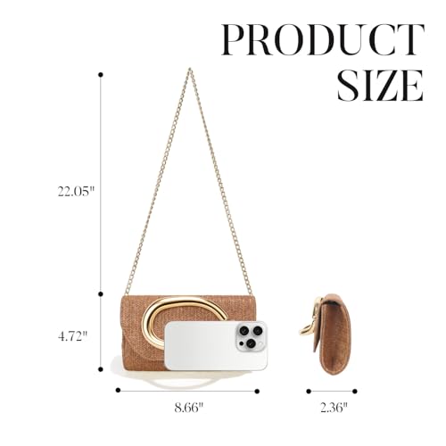 Straw Clutch Purses for Women,Summer Beach Bag,Woven Evening Handbags with Chain,Trendy Metal Handle Purses 2026 - color: Brown
