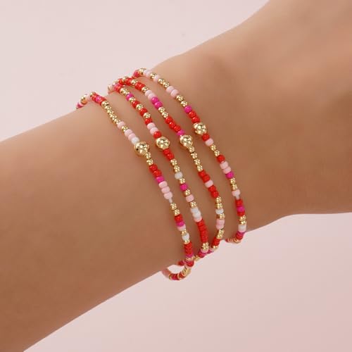 Boho 4Pcs Stack Colorful Small Seed Beaded Bracelets Set for Women, Cute Handmade Dainty Trendy Gold Plated Stretch Accessories Thin Glass Jewelry, Summer Daily Party Friendship Gift - color: Pink Red