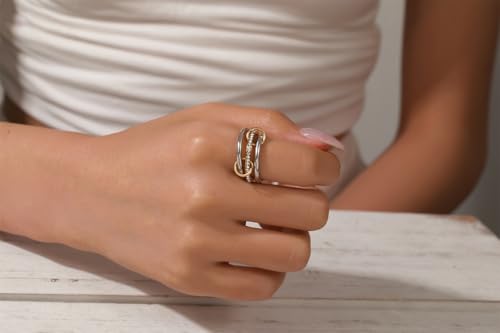 Gold/Silver Interlocked Rings For Women Dainty Stainless Steel Cubic Zirconia Stackable Statement Rings Two-toned Connected Bands Rings Non Tarnish (size 6-10) - color: R-CZ-Silver gold silver ring