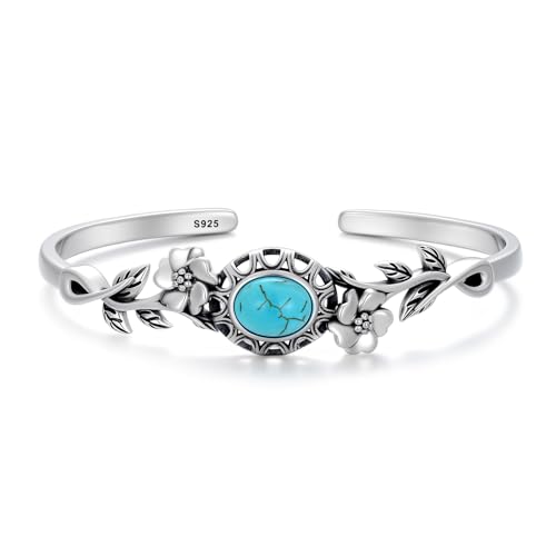Genuine Turquoise Bracelet Cuff Bracelet for Women Mom 925 Sterling Silver Natural Turquoise Bangles Vintage Bracelet Boho Jewelry for Birthday Christmas Mother's Day Valentine's Day - style: Flower