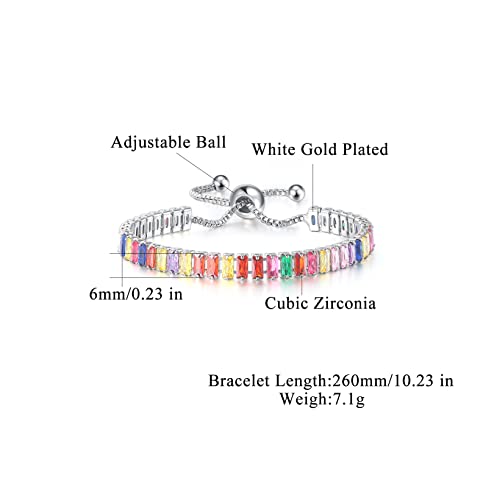 CiNily Adjustable Tennis Bracelets for Women Teen Girls Rainbow Cubic Zirconia Bracelet 14K White Gold Plated Hypoallergenic Slider Bracelet Jewelry Gift - color: Adjustable-Square White Gold