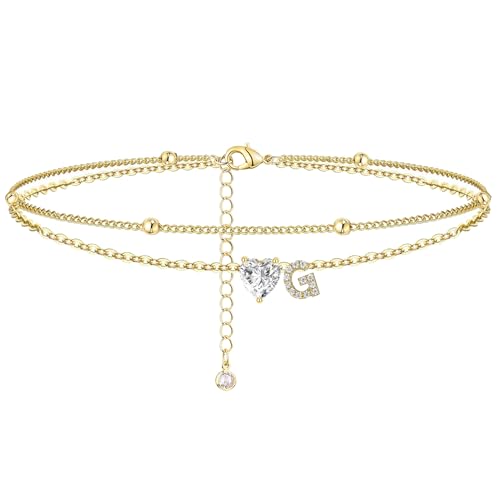 Ankle Bracelets for Women Waterproof 14K Gold Plated CZ Initial Anklet for Women Dainty Layered Letter Heart Ankle Bracelets Handmade Adjustable Foot Chain Anklet Summer Beach Jewelry - color: gold G